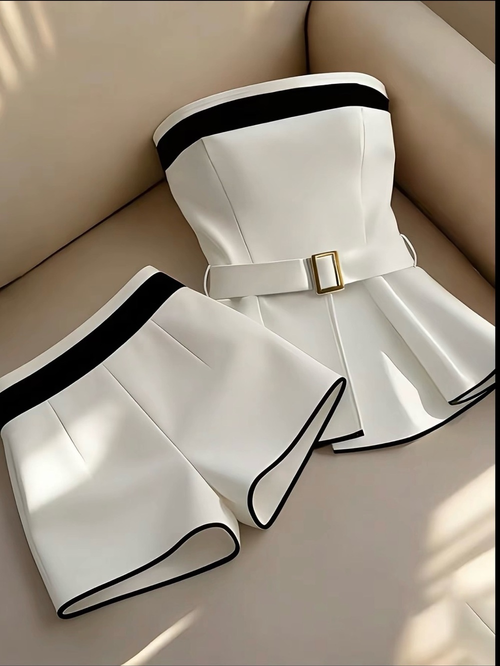 White Strapless Short Set with Black Trim